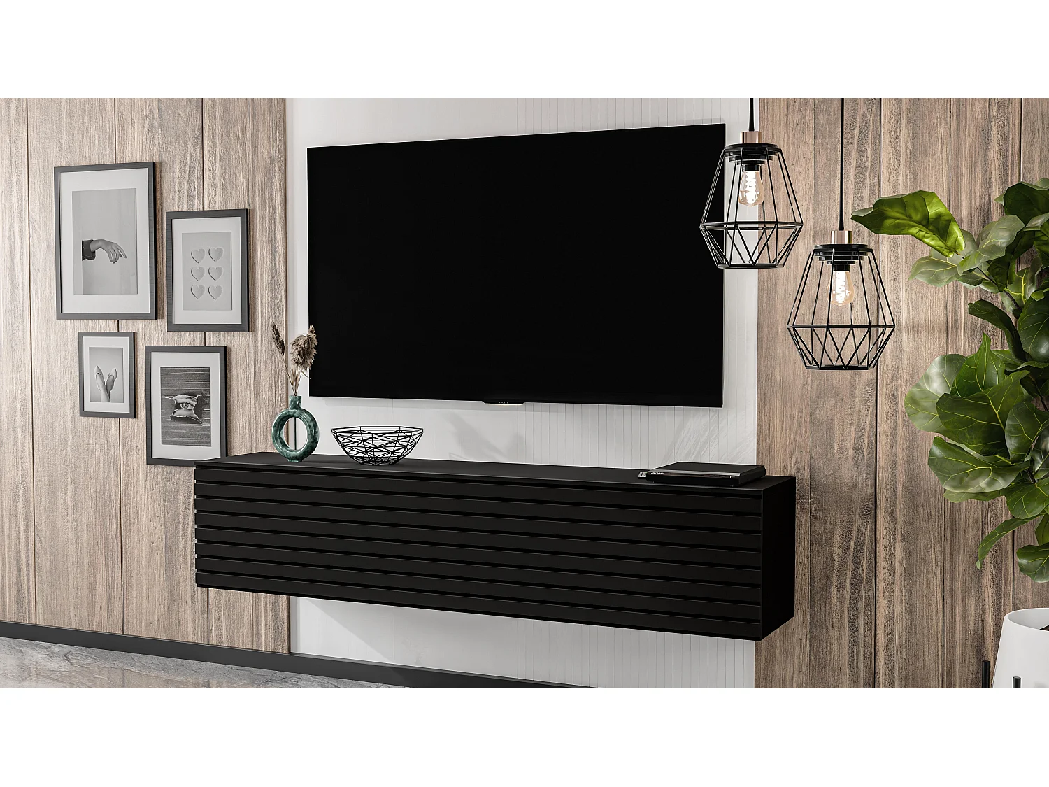 AX LIVING Meuble TV suspendu ZIVOLLI 160 cm façade à lamelles noir/noir