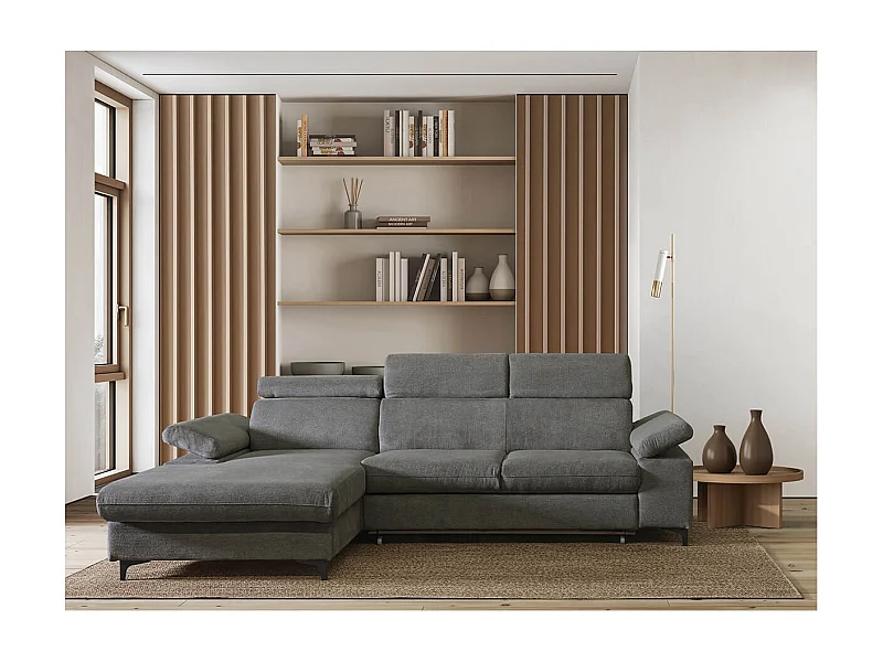 MARCEAU - Canapé Méridienne Gauche 3 Places Convertible Tissu Gris Foncé