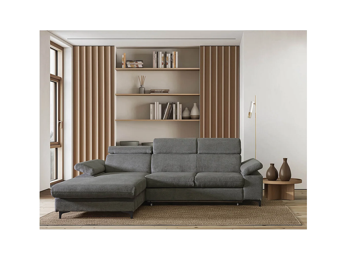 MARCEAU - Canapé Méridienne Gauche 3 Places Convertible Tissu Gris Foncé