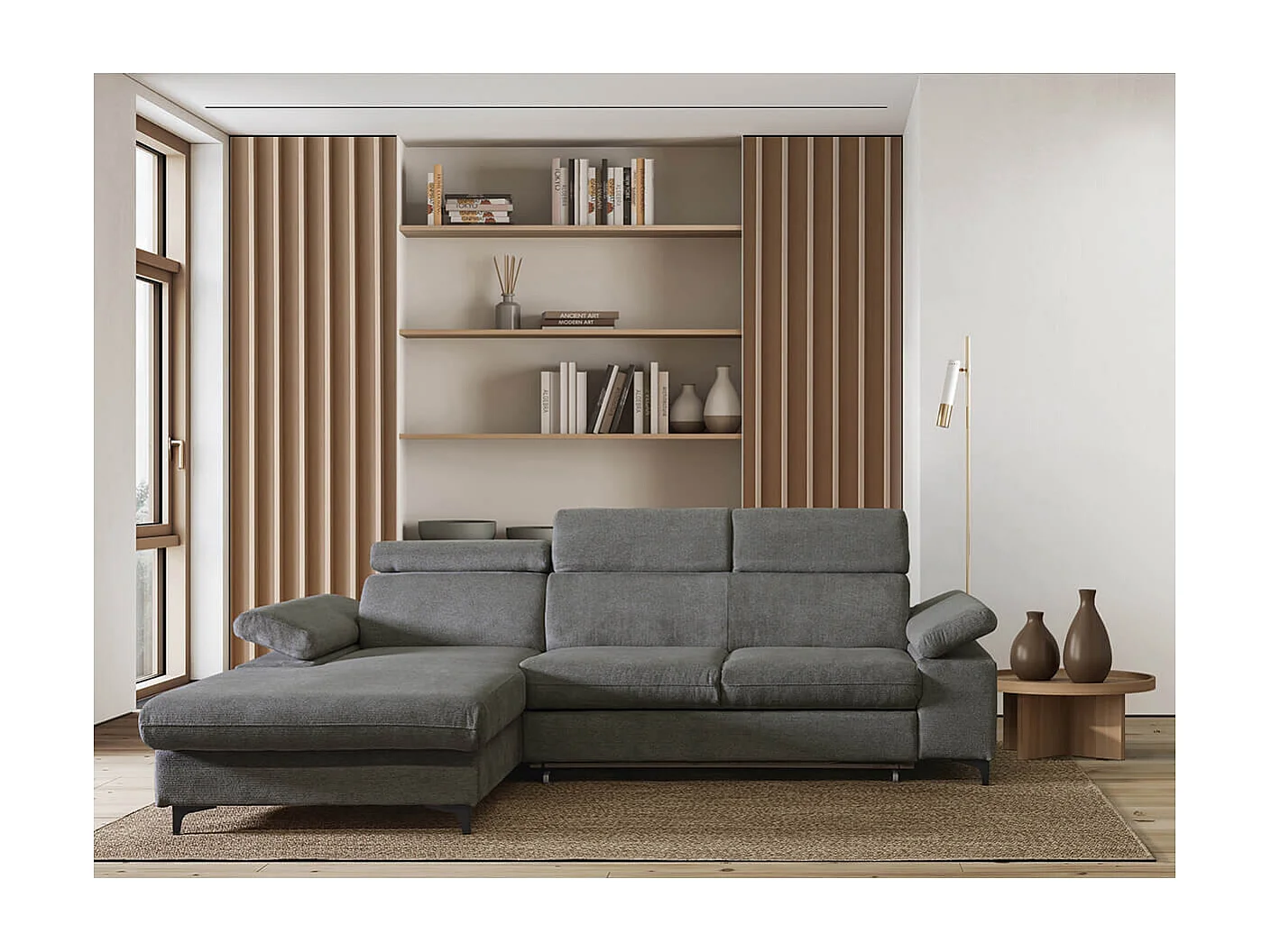 MARCEAU - Canapé Méridienne Gauche 3 Places Convertible Tissu Gris Foncé