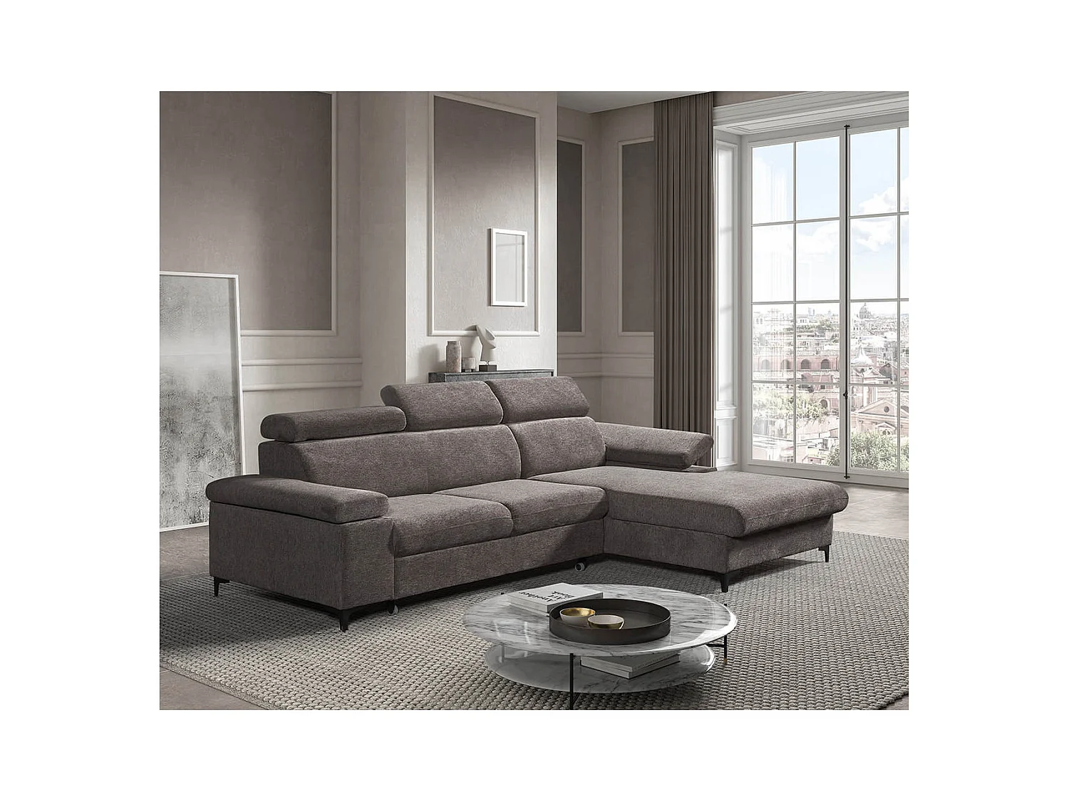 MARCEAU - Canapé Méridienne Droite 3 Places Convertible Tissu Gris Foncé