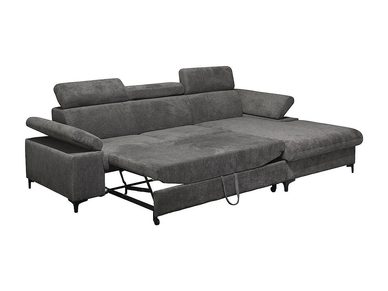 MARCEAU - Canapé Méridienne Droite 3 Places Convertible Tissu Gris Foncé