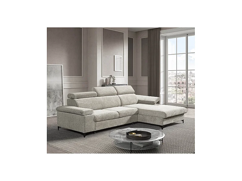 MARCEAU - Canapé Méridienne Droite 3 Places Convertible Tissu Beige