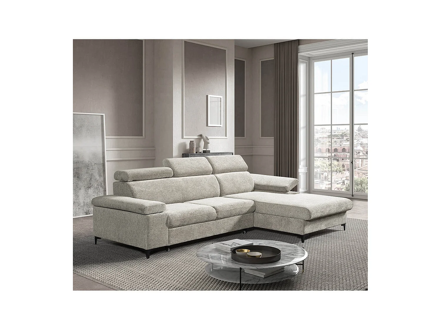 MARCEAU - Canapé Méridienne Droite 3 Places Convertible Tissu Beige