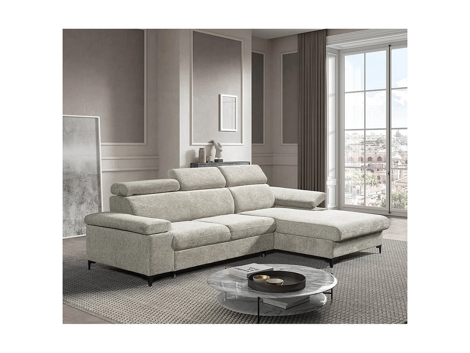 MARCEAU - Canapé Méridienne Droite 3 Places Convertible Tissu Beige