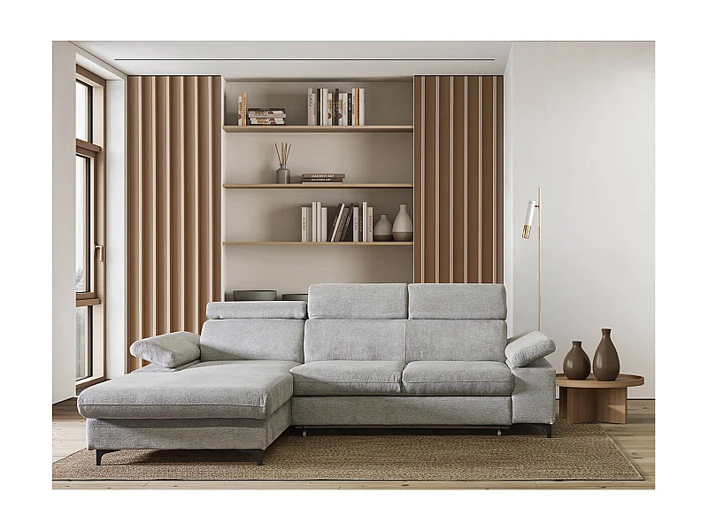 MARCEAU - Canapé Méridienne Gauche 3 Places Convertible Tissu Beige