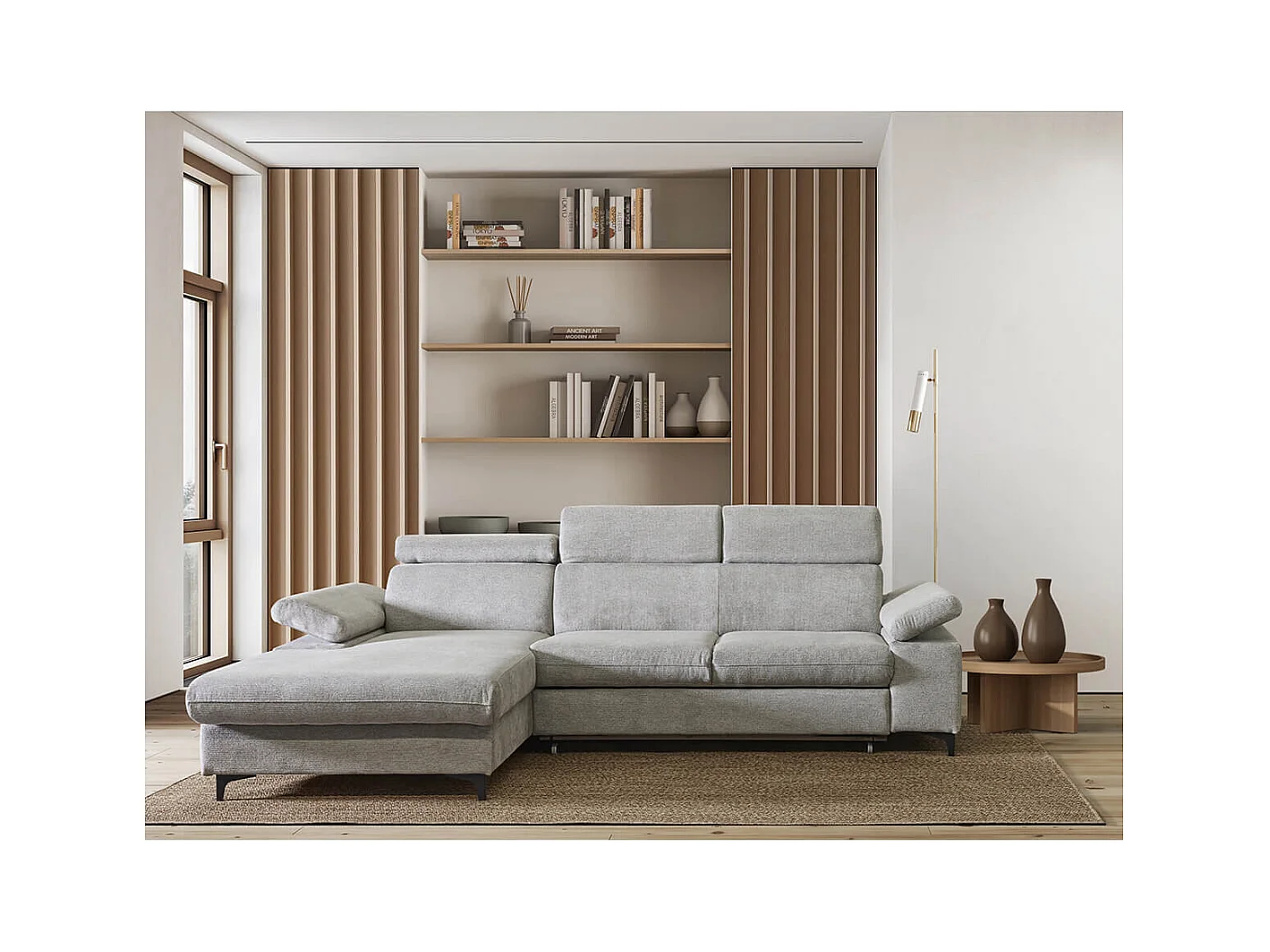 MARCEAU - Canapé Méridienne Gauche 3 Places Convertible Tissu Beige