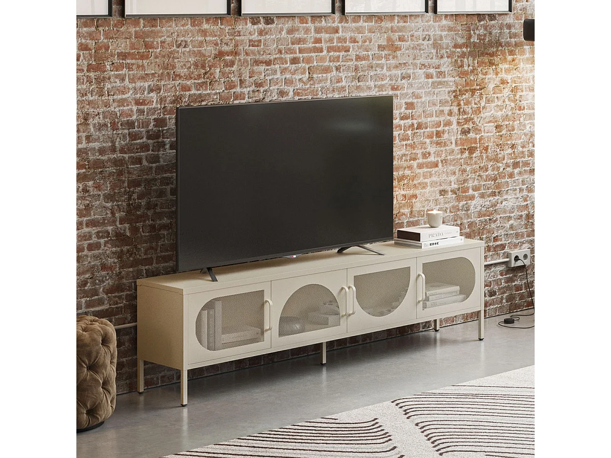 Meuble TV 4 portes en métal beige 180 cm - Inoa