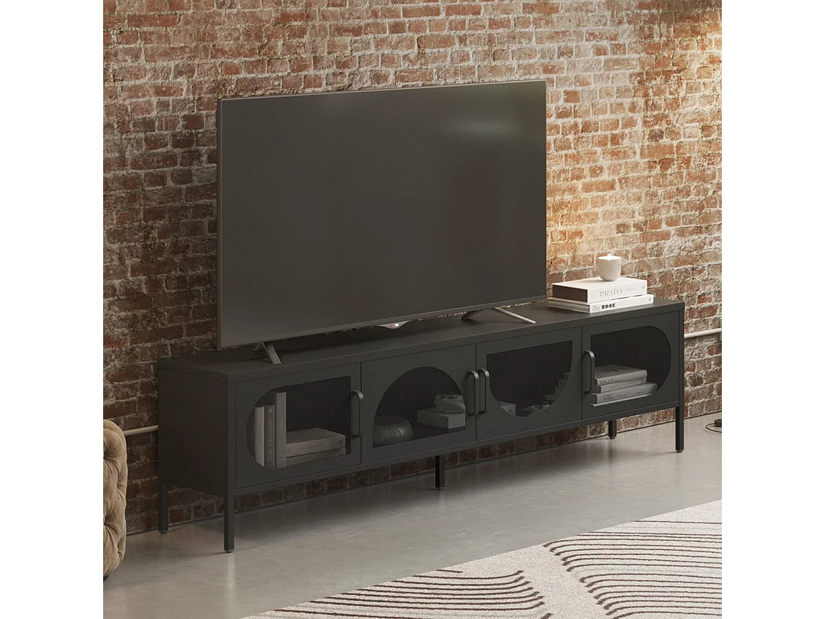 Meuble TV 4 portes en métal noir 180 cm - Inoa