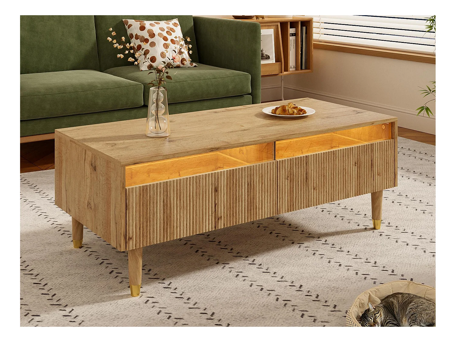 Table basse moderne 110x50x40cm - avec éclairage LED - 2 tiroirs - Naturel