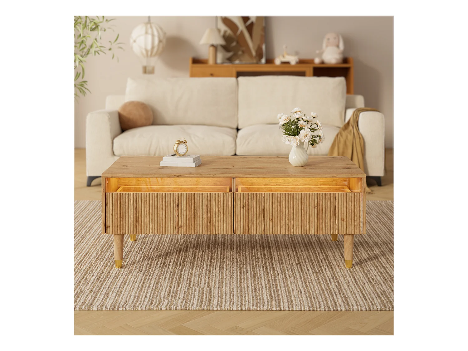 Table basse moderne 110x50x40cm - avec éclairage LED - 2 tiroirs - Naturel