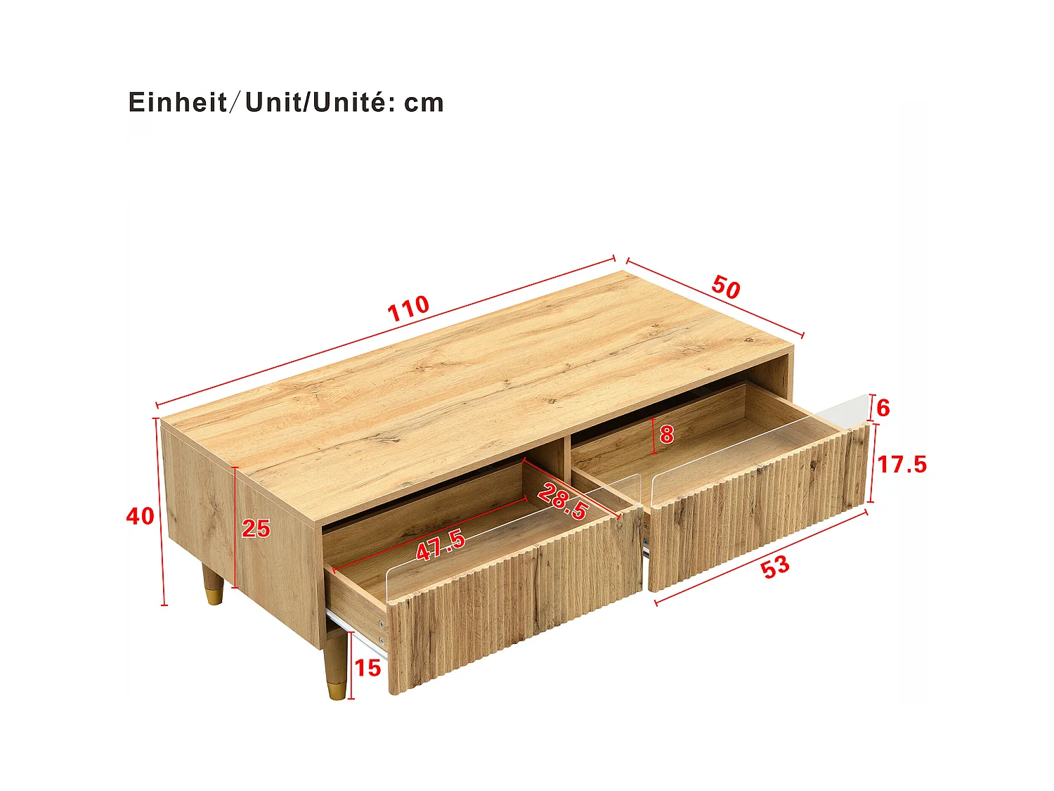 Table basse moderne 110x50x40cm - avec éclairage LED - 2 tiroirs - Naturel