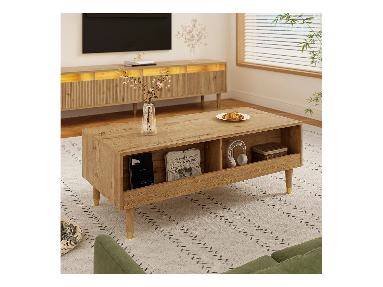 Table basse moderne 110x50x40cm - avec éclairage LED - 2 tiroirs - Naturel