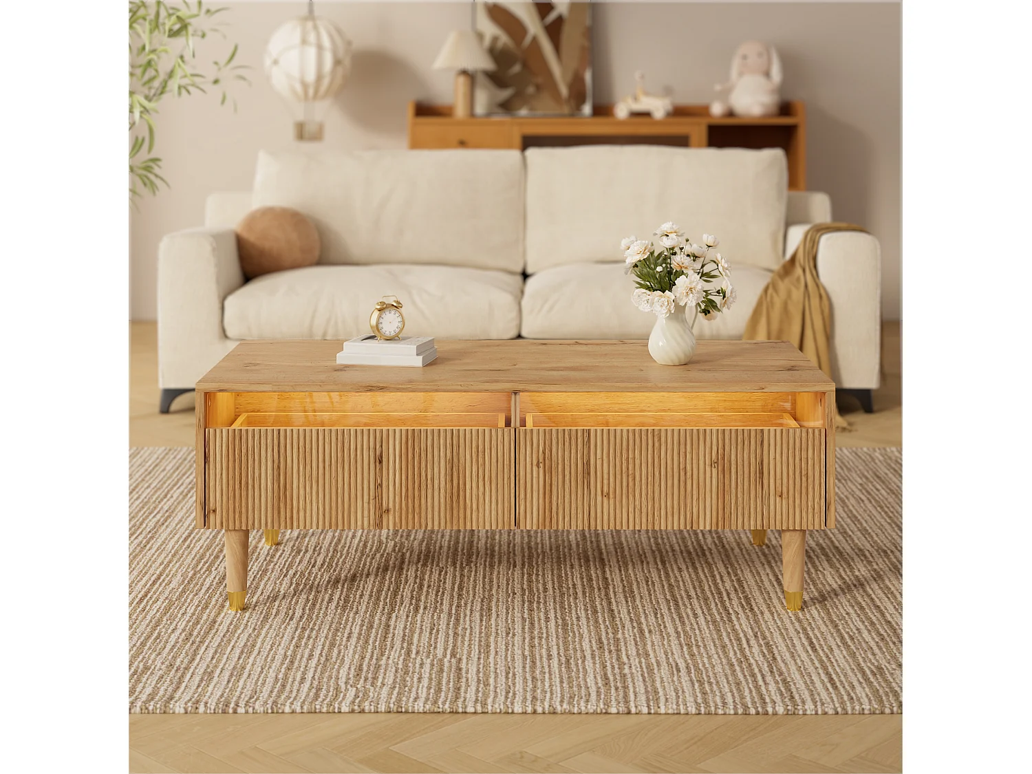 Moderner Couchtisch 110×50×40 cm - mit LED-Beleuchtung - 2 Schubladen - natur