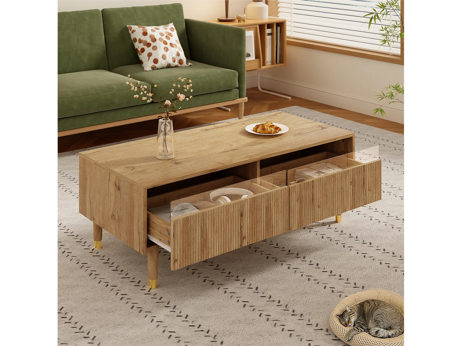 Moderner Couchtisch 110×50×40 cm - mit LED-Beleuchtung - 2 Schubladen - natur