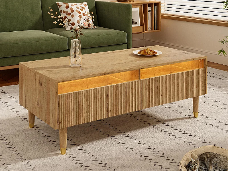 Moderner Couchtisch 110×50×40 cm - mit LED-Beleuchtung - 2 Schubladen - natur