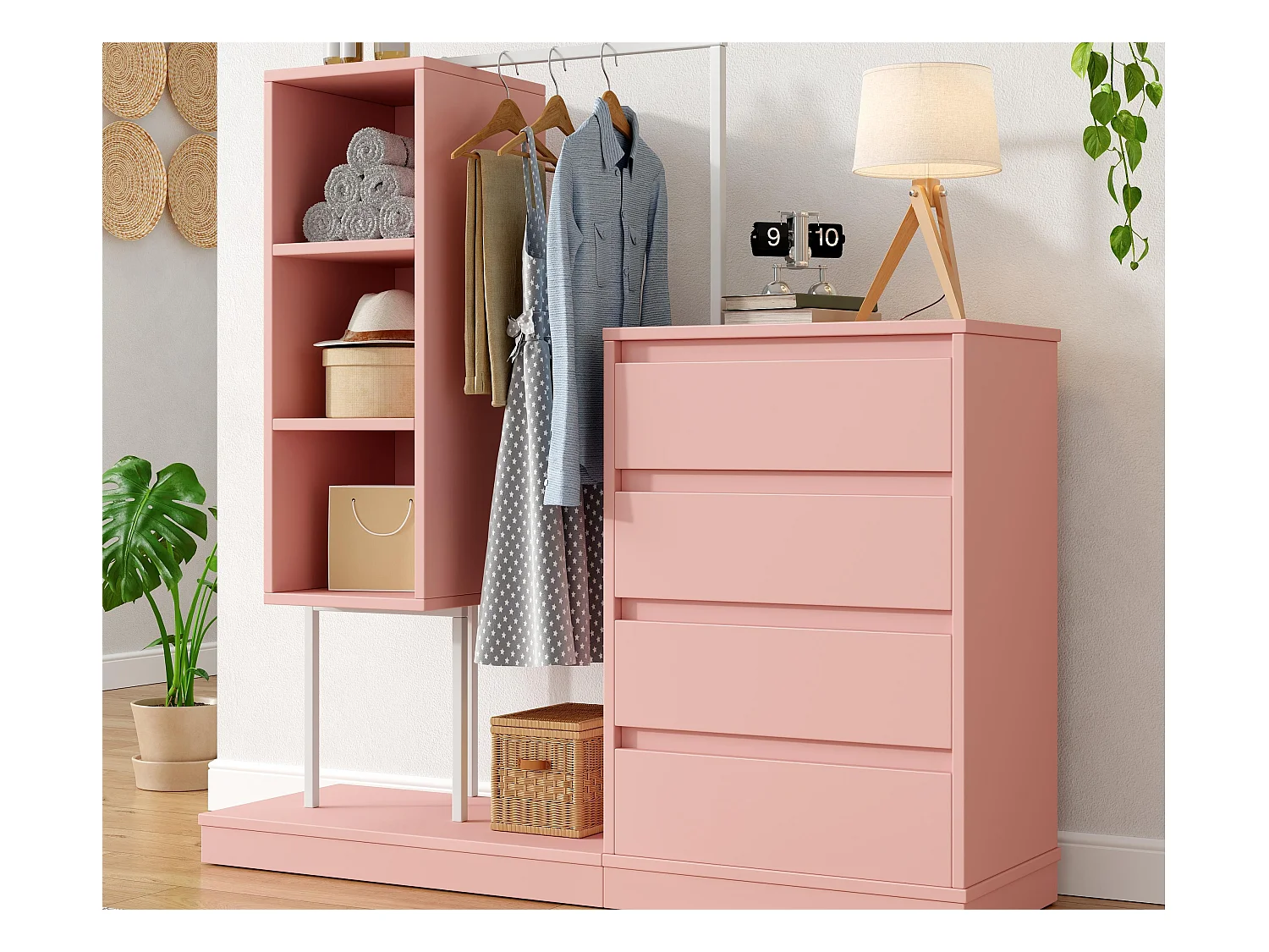 Commode multifonctionnel - 4 tiroirs +3 compartiments ouverts + tringle à vêtements - Rose