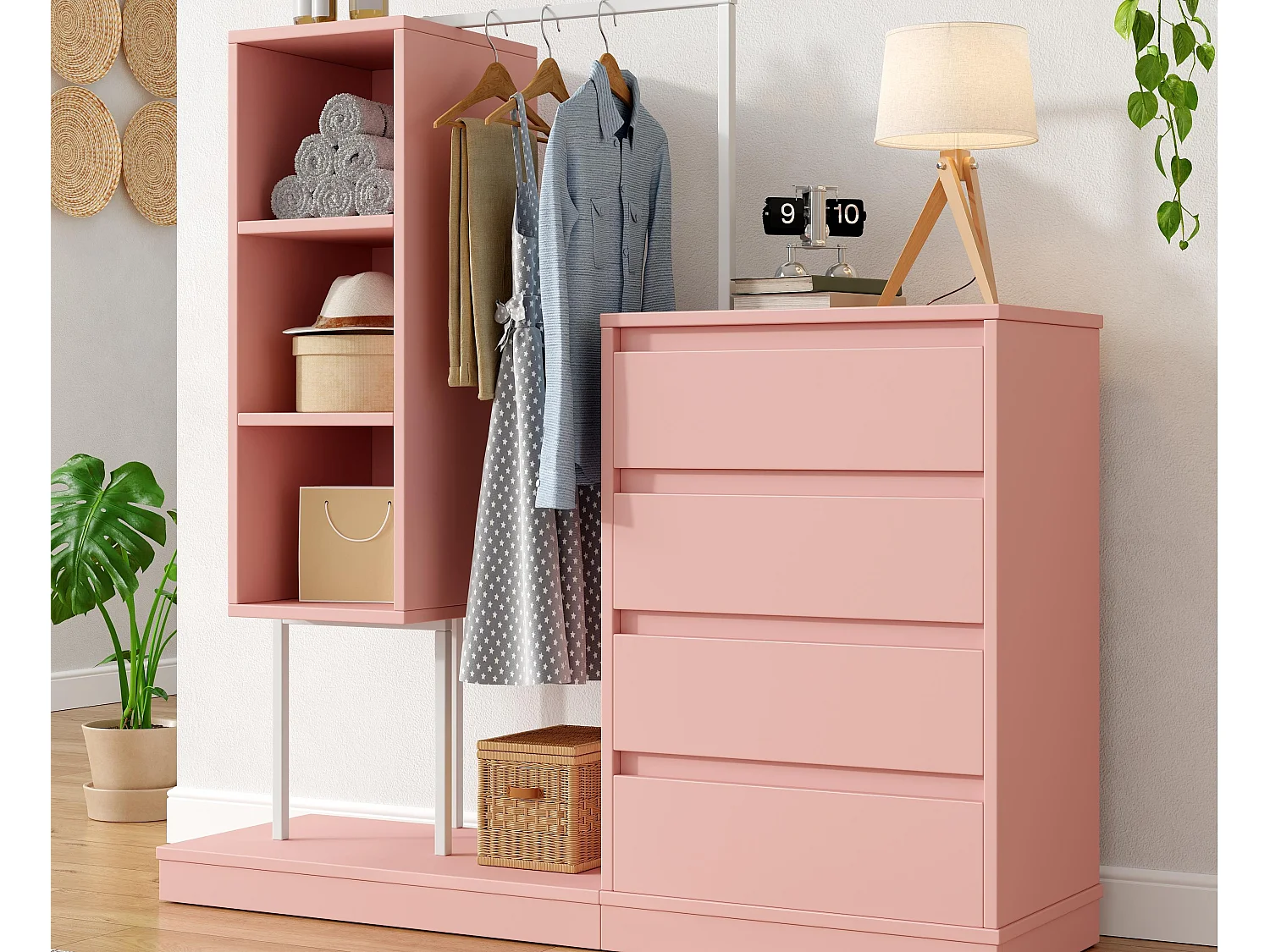 Commode multifonctionnel - 4 tiroirs +3 compartiments ouverts + tringle à vêtements - Rose