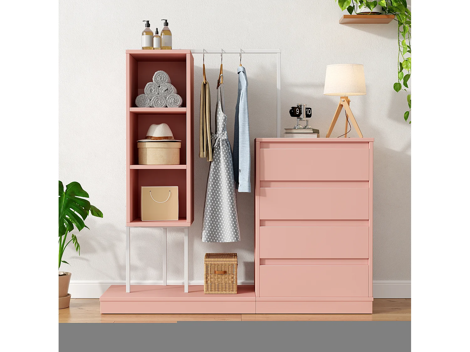 Commode multifonctionnel - 4 tiroirs +3 compartiments ouverts + tringle à vêtements - Rose