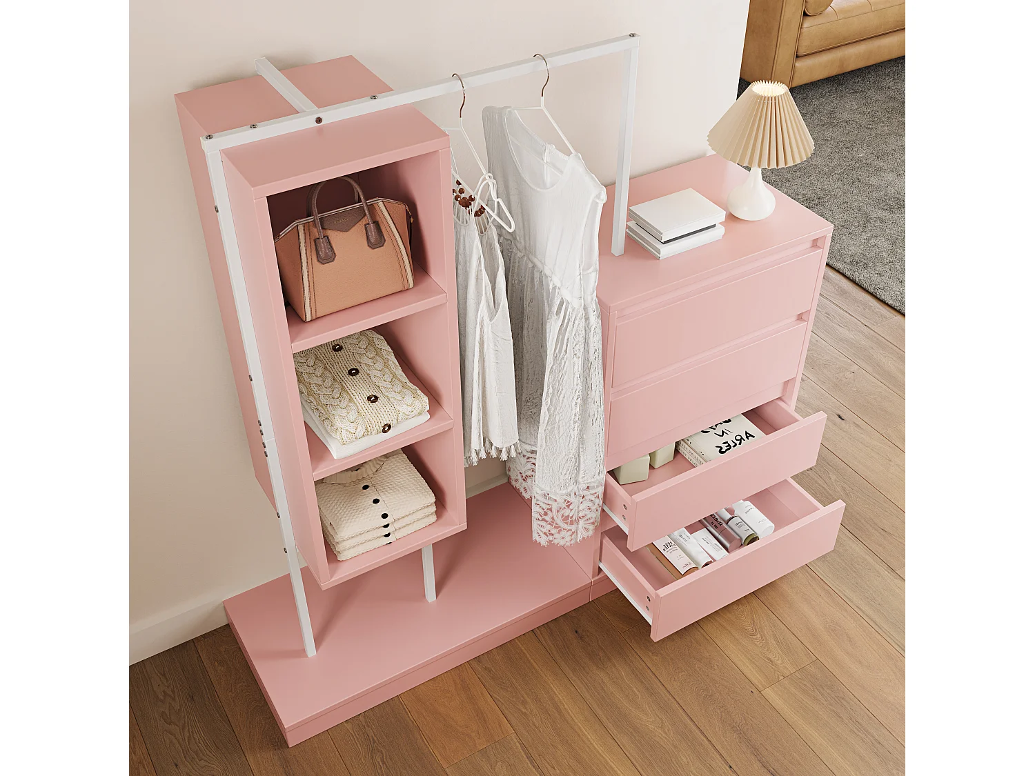 Commode multifonctionnel - 4 tiroirs +3 compartiments ouverts + tringle à vêtements - Rose