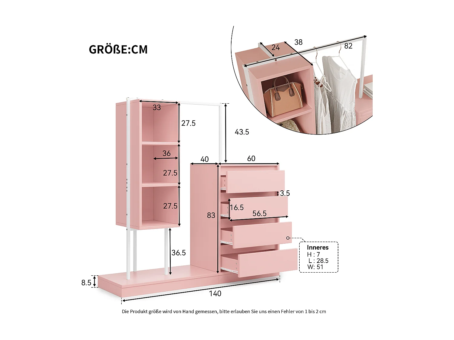 Commode multifonctionnel - 4 tiroirs +3 compartiments ouverts + tringle à vêtements - Rose