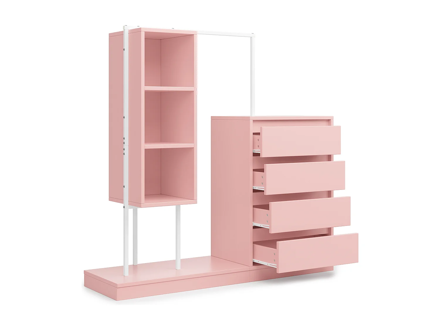 Commode multifonctionnel - 4 tiroirs +3 compartiments ouverts + tringle à vêtements - Rose