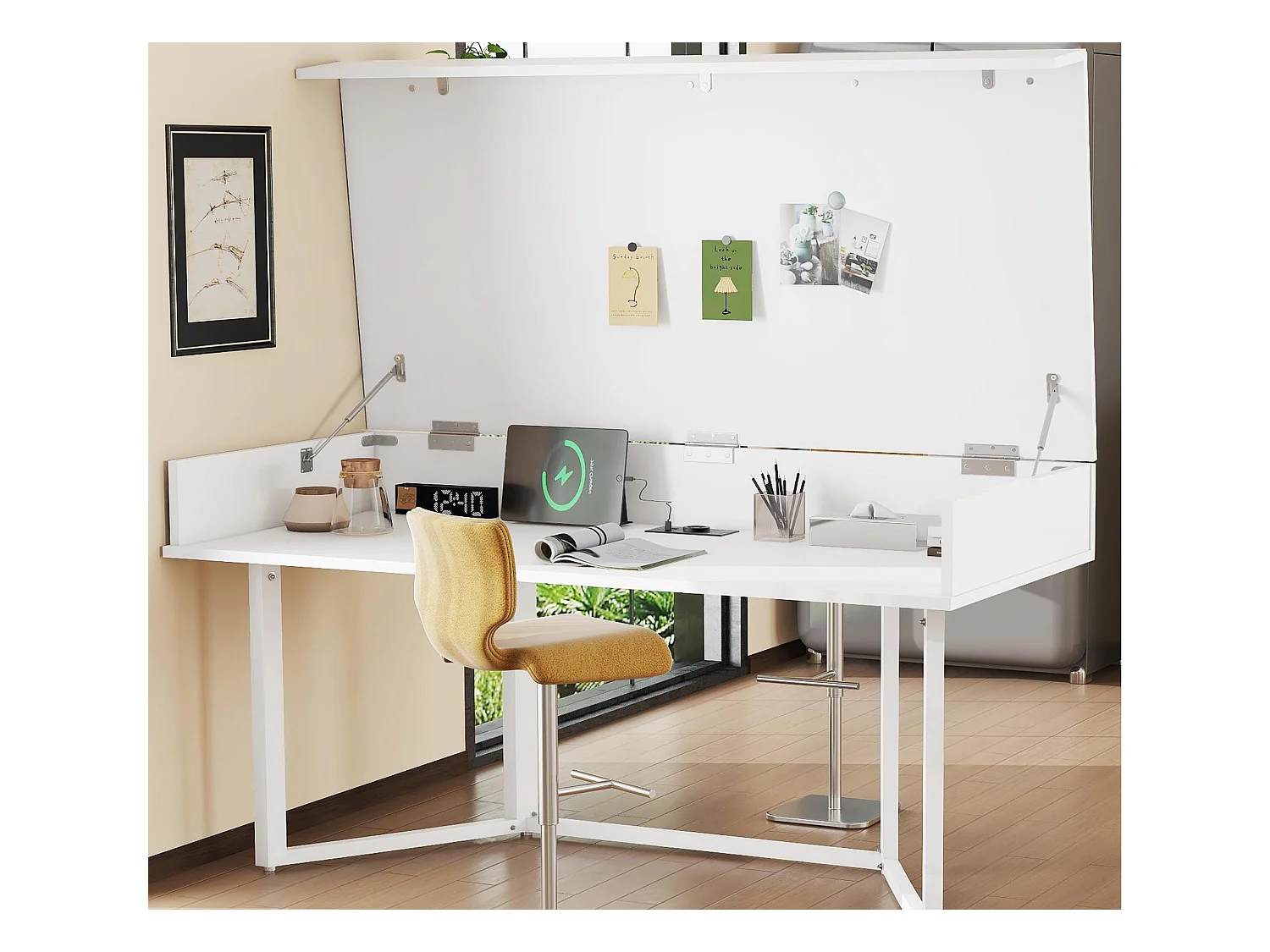 Bureau 120x55x76cm - design rabattable - avec prise - MDF - Blanc