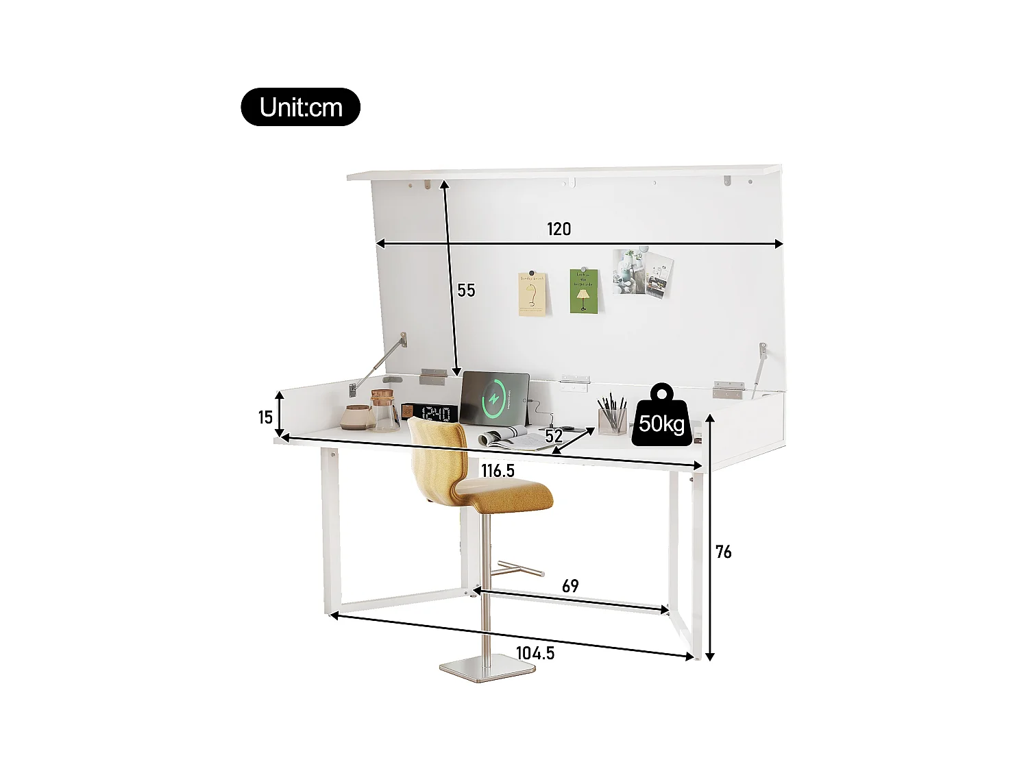 Bureau 120x55x76cm - design rabattable - avec prise - MDF - Blanc