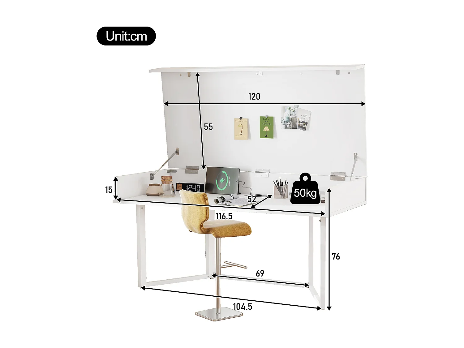 Bureau 120x55x76cm - design rabattable - avec prise - MDF - Blanc