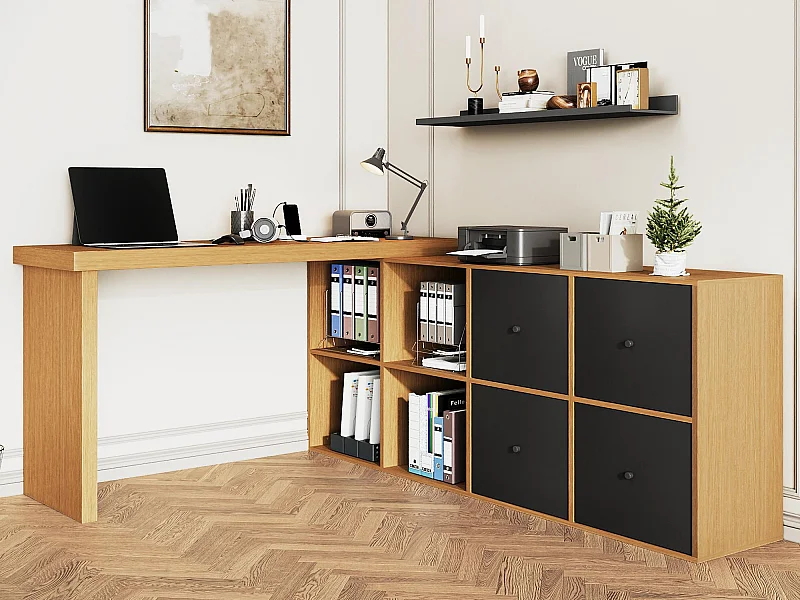 Escrivaninha giratória 360° 260×48×78 cm - com 4 compartimentos - 4 gavetas - MDF - natural + preto