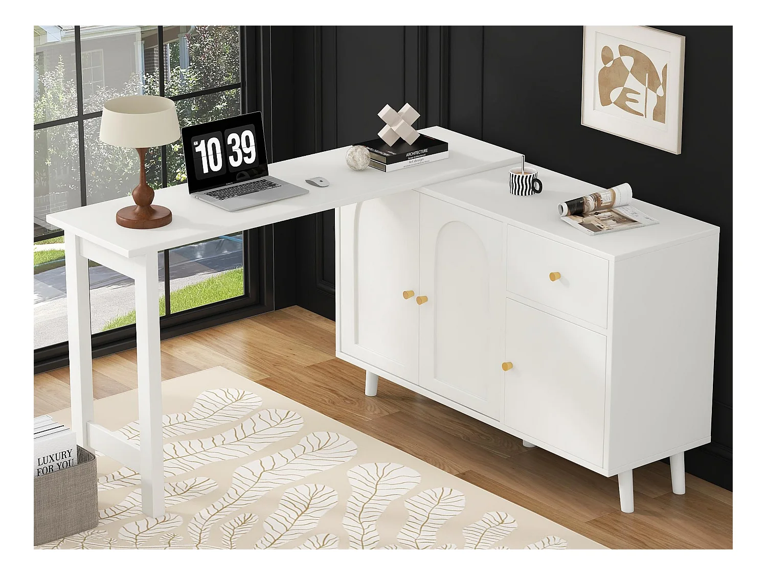 Bureau 2 en 1 120x40x74.5cm - Pivotant à 360° - 3 portes 1 tiroir - Certifié FSC - Blanc