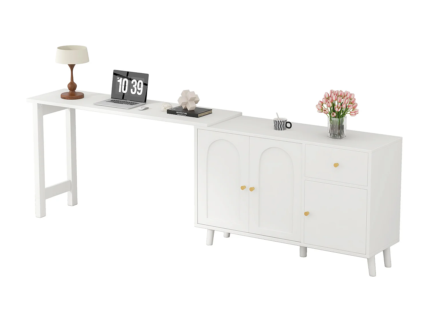 Bureau 2 en 1 120x40x74.5cm - Pivotant à 360° - 3 portes 1 tiroir - Certifié FSC - Blanc