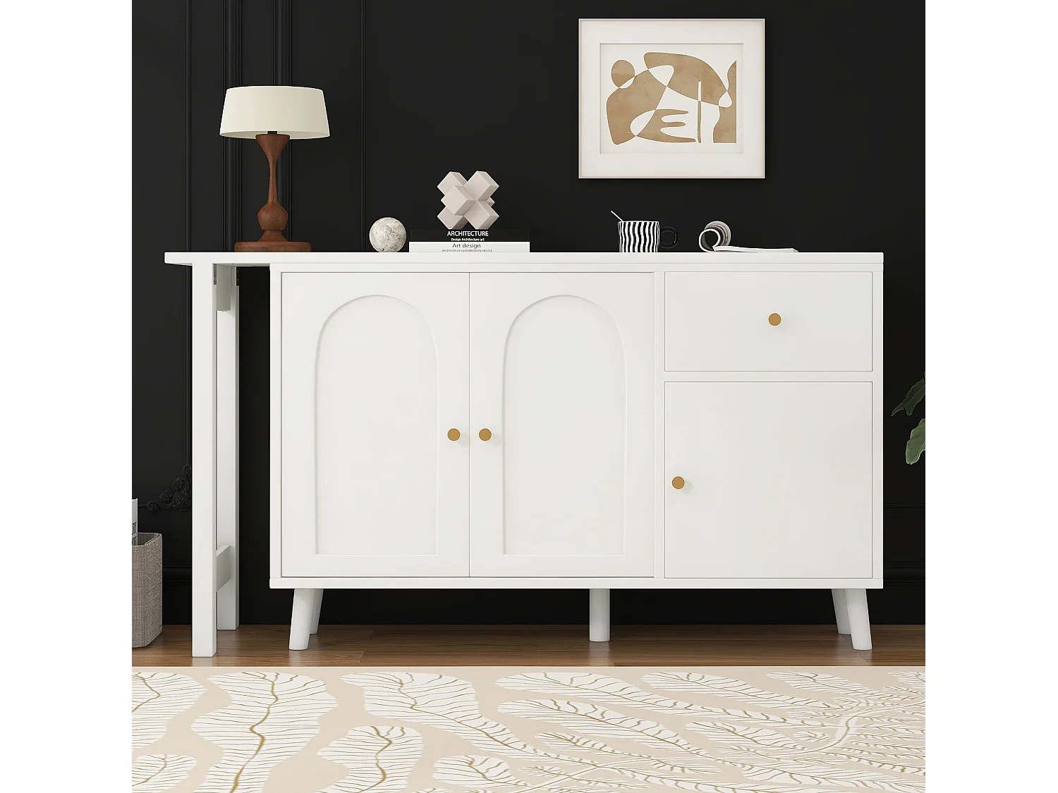 2-in-1 Schreibtisch 120×40×74,5 cm - 360° drehbar - 3 Türen und 1 Schublade - FSC-zertifiziert - weiß