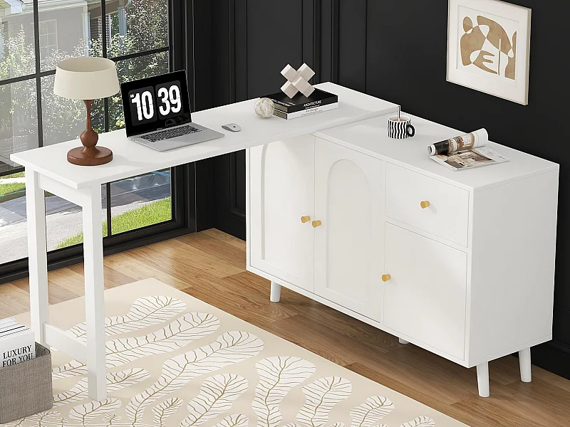 2-in-1 bureau 120×40×74,5 cm - 360° draaibaar - 3 deuren en 1 la - FSC-gecertificeerd - wit