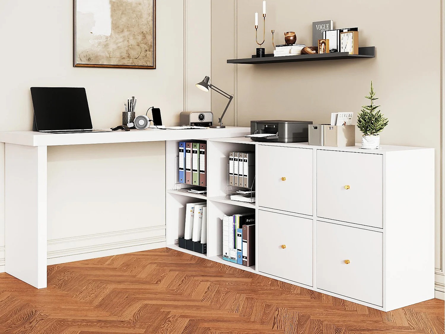 Drehbarer Schreibtisch 360° - mit 4 Schubladen - 4 Trennwänden - aus MDF - weiß