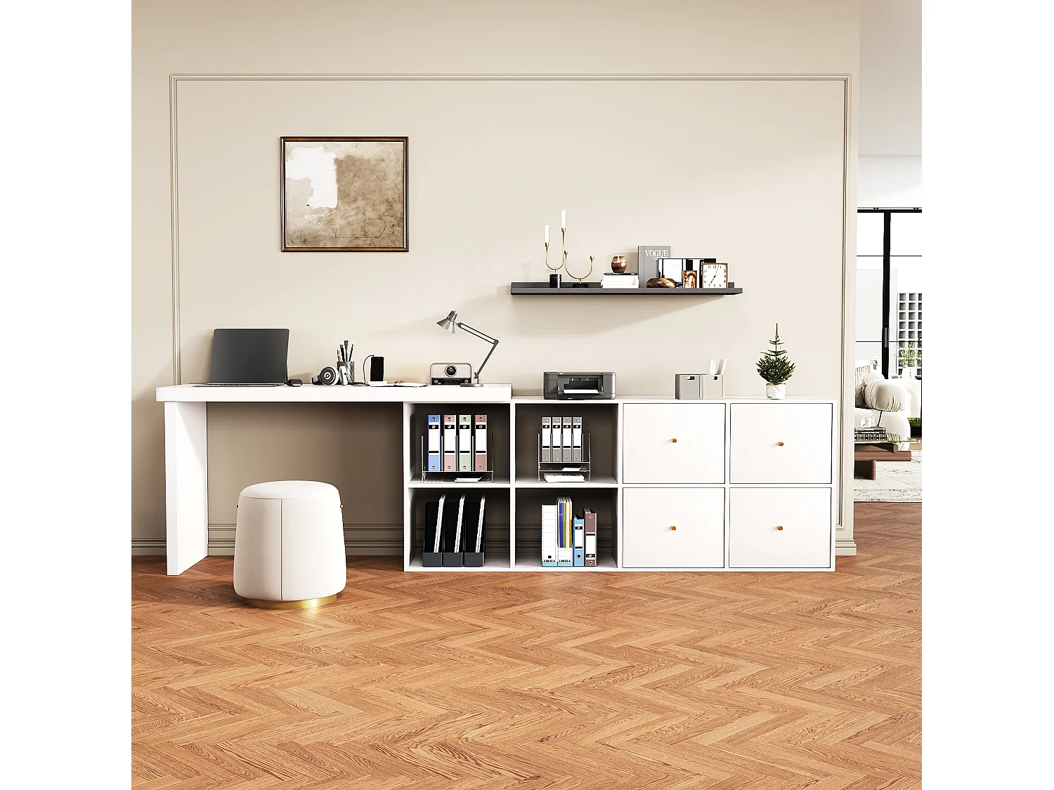 Drehbarer Schreibtisch 360° - mit 4 Schubladen - 4 Trennwänden - aus MDF - weiß