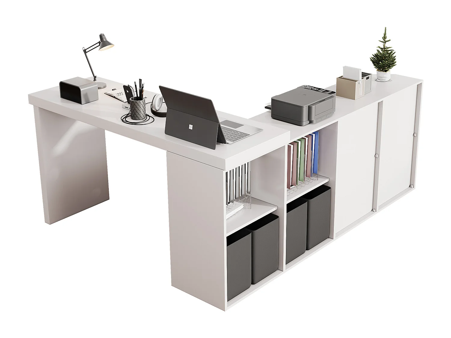 Drehbarer Schreibtisch 360° - mit 4 Schubladen - 4 Trennwänden - aus MDF - weiß