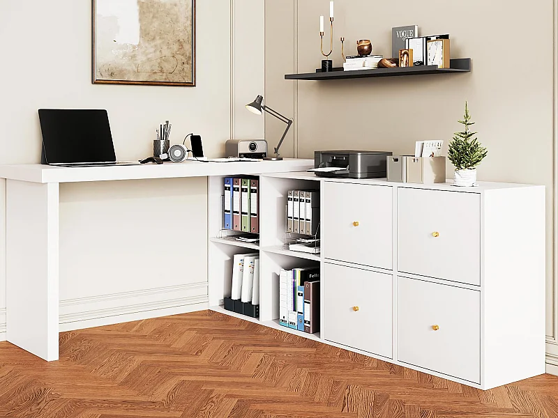 Drehbarer Schreibtisch 360° - mit 4 Schubladen - 4 Trennwänden - aus MDF - weiß