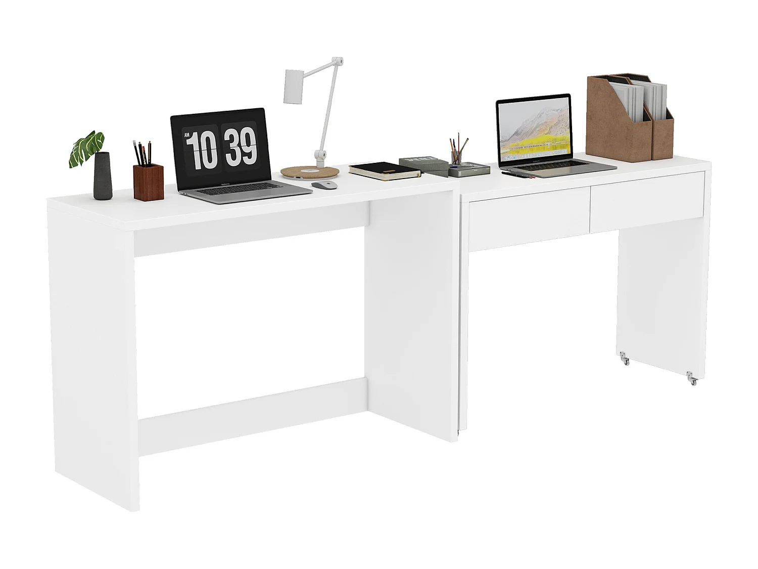 Bureau extensible 110x40x78 cm - combinaison flexible - avec roulettes - certifié FSC - Blanc
