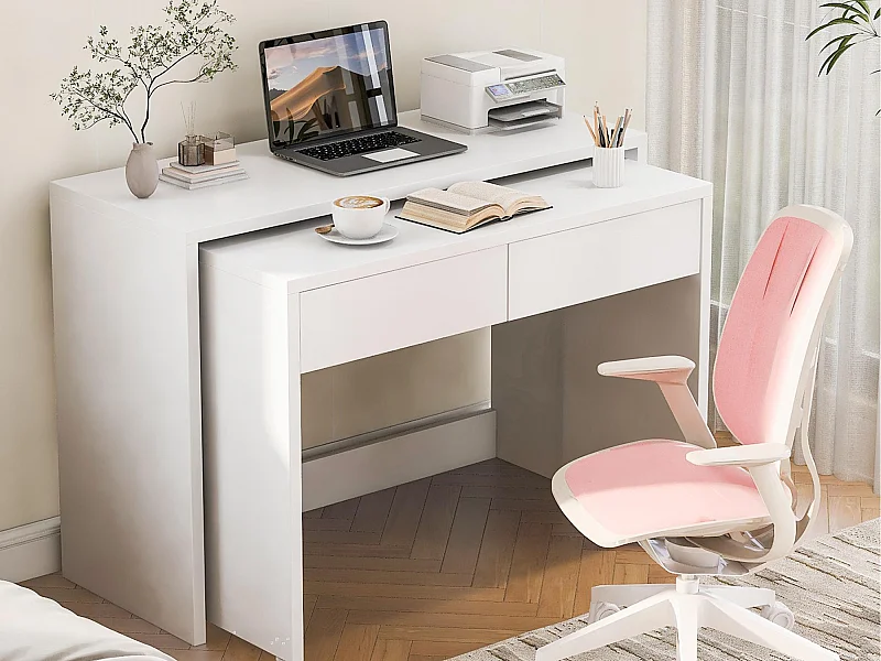 Bureau extensible 110x40x78 cm - combinaison flexible - avec roulettes - certifié FSC - Blanc