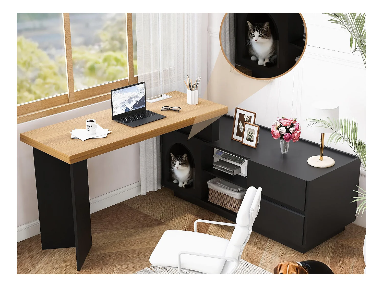 Bureau d'angle 120x50x72cm - avec maison pour animaux - Forme en L - 2 tiroirs - MDF - Noir + Naturel