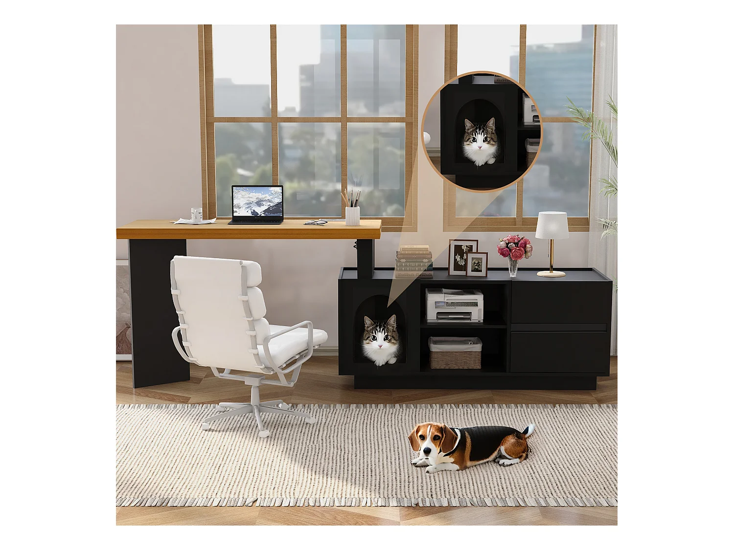 Bureau d'angle 120x50x72cm - avec maison pour animaux - Forme en L - 2 tiroirs - MDF - Noir + Naturel