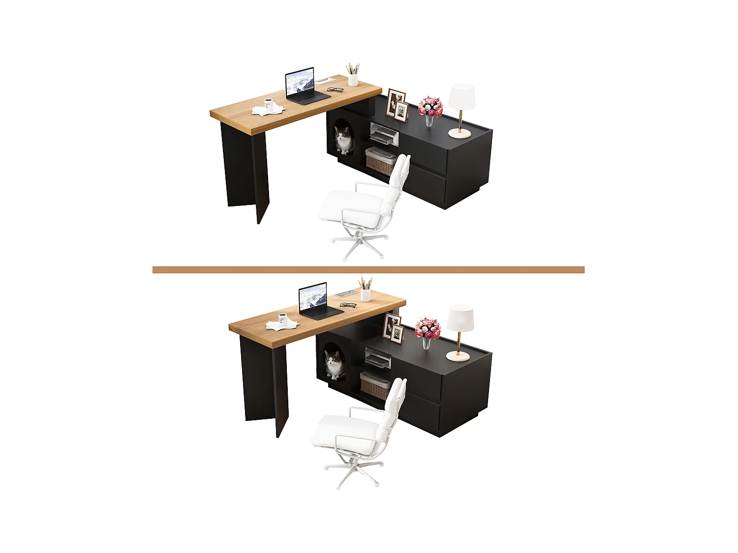 Bureau d'angle 120x50x72cm - avec maison pour animaux - Forme en L - 2 tiroirs - MDF - Noir + Naturel