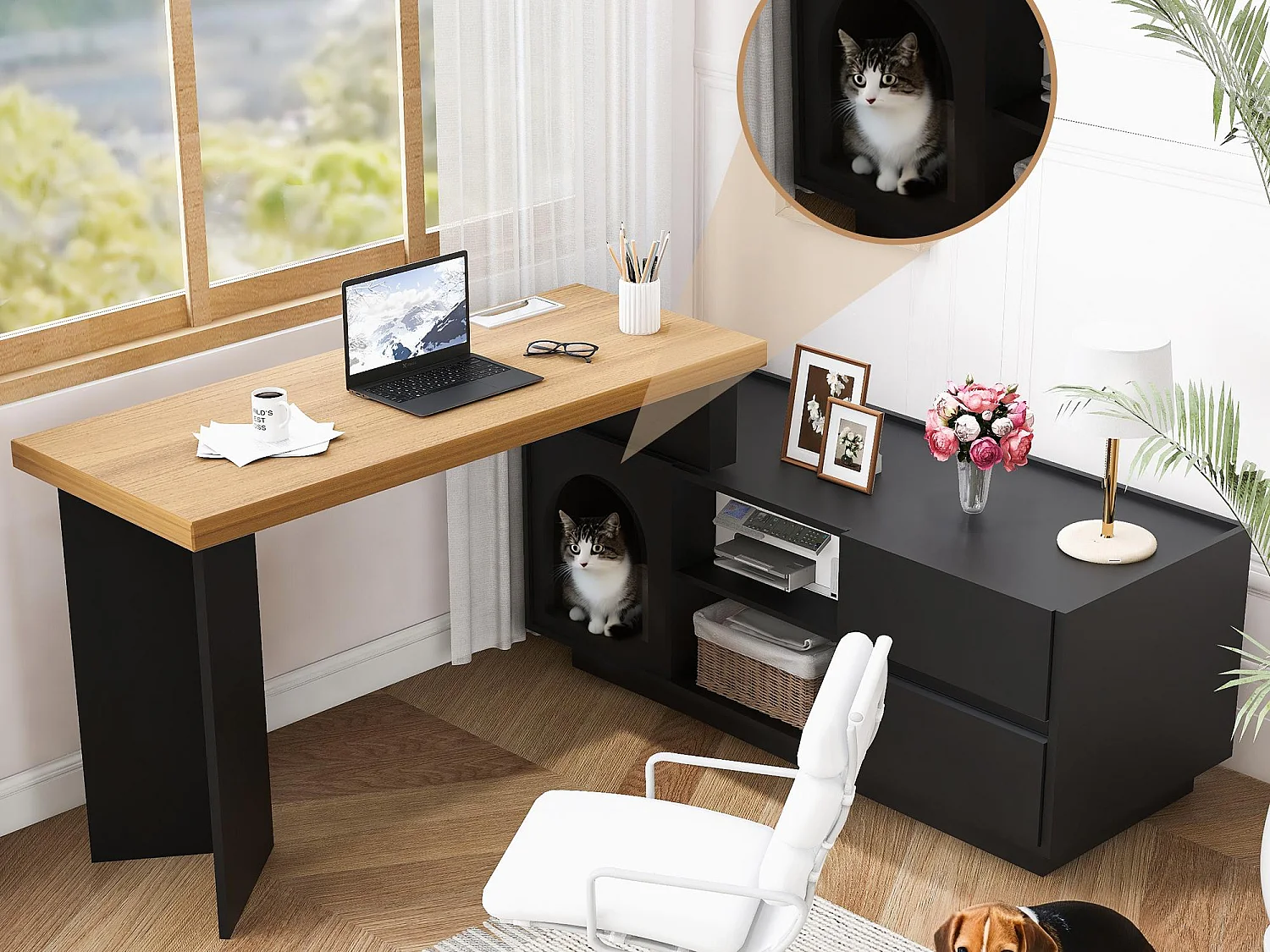 Eckschreibtisch 120×50×72 cm - mit Tierhaus - L-Form - 2 Schubladen - MDF - schwarz + natur