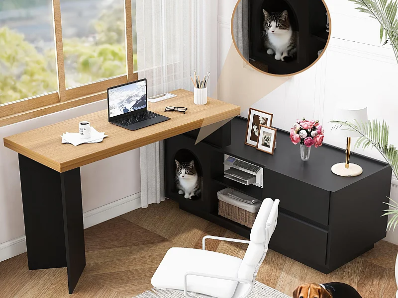 Escritorio de esquina 120×50×72 cm - con casita para mascotas - Forma en L - 2 cajones - MDF - negro + natural
