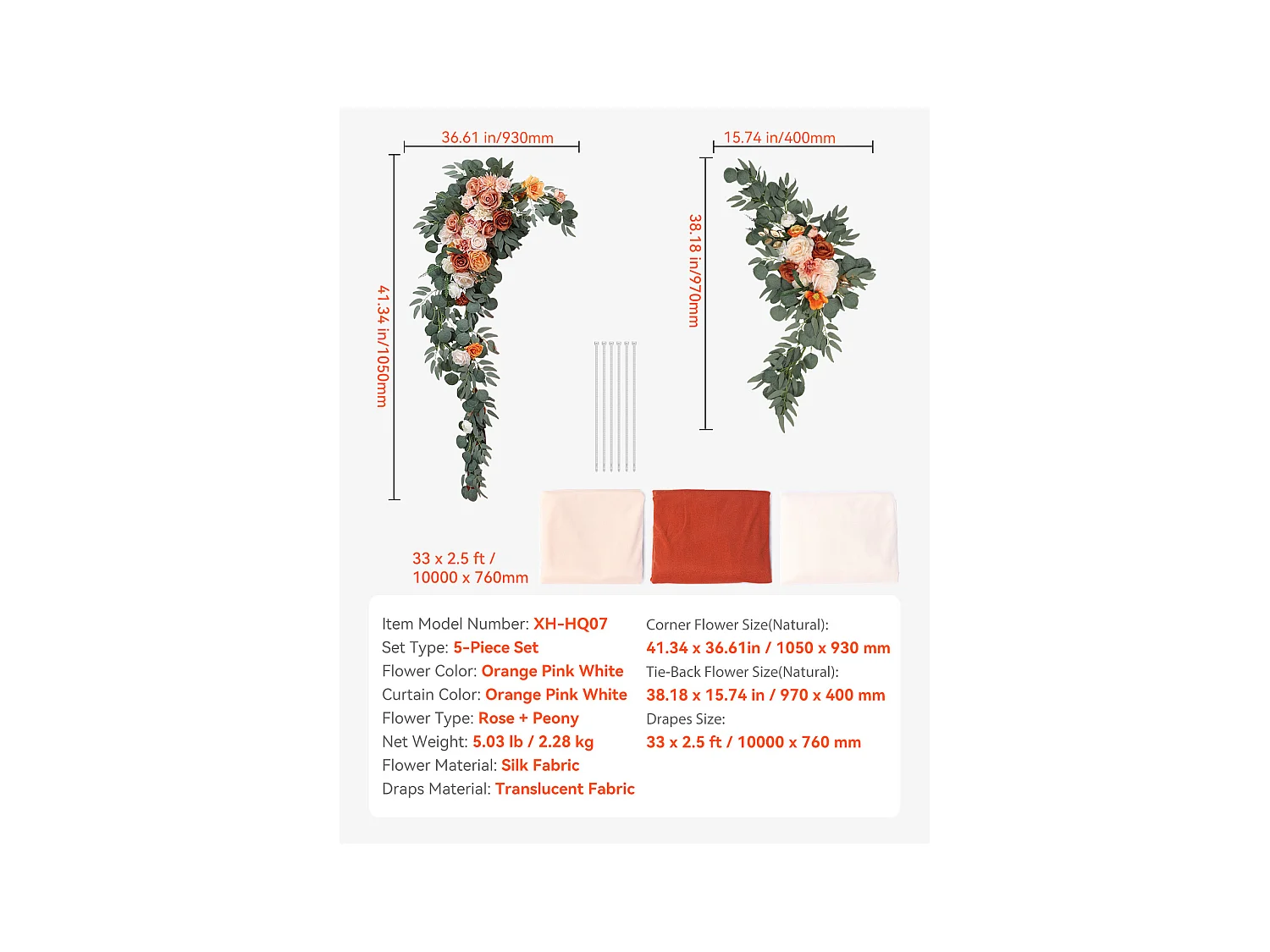 Arco de Boda SucceBuy Kit de Flores Artificiales para Arco de Boda - Naranja, 2 Flores y 3 Cortinas