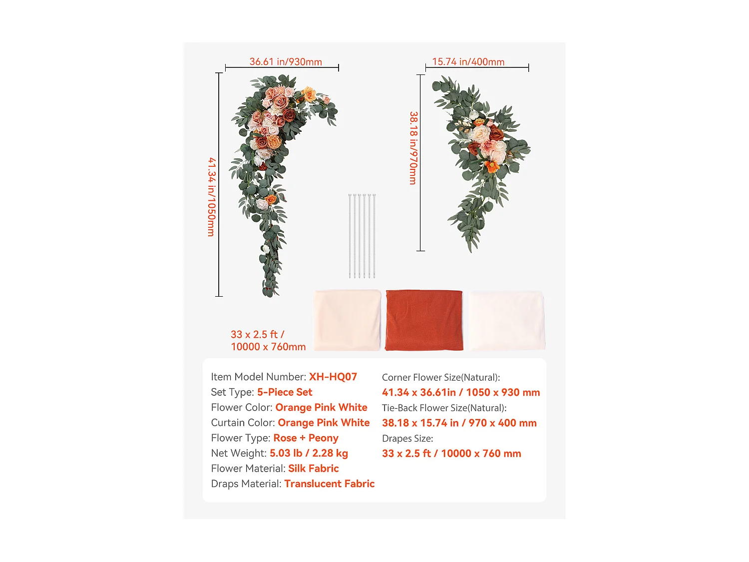 Arche de Mariage SucceBuy Kit de Fleurs Artificielles pour Arche de Mariage - Orange, 2 Fleurs et 3 Rideaux