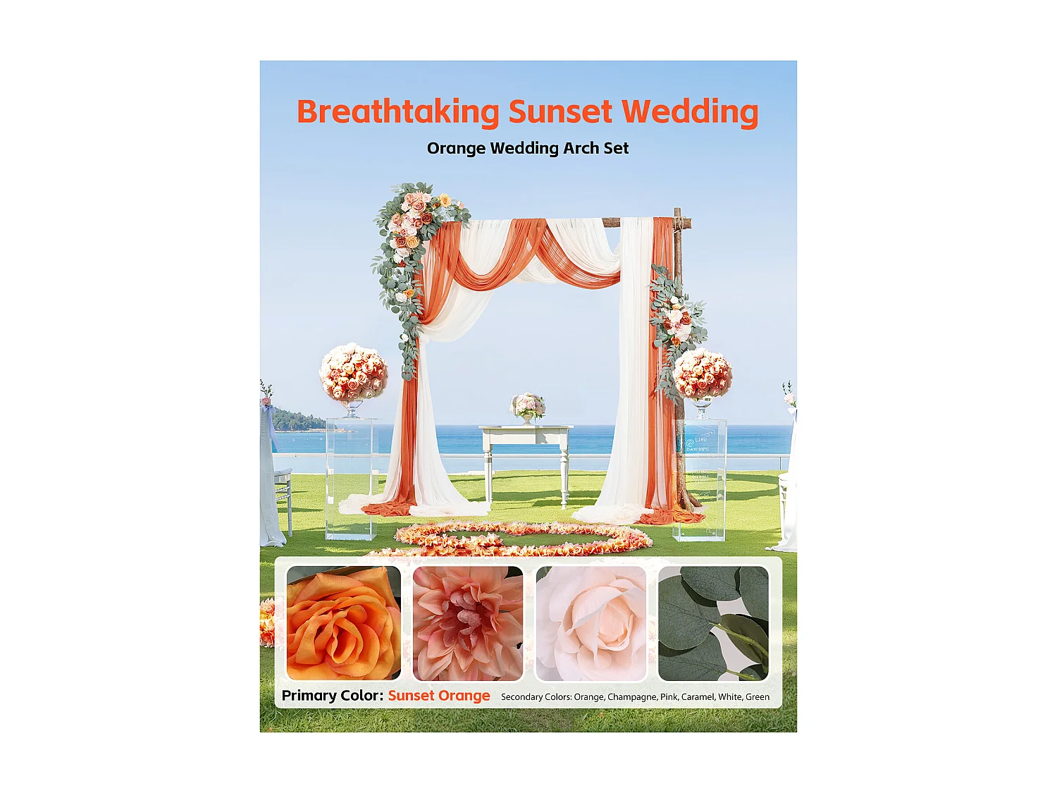Arche de Mariage SucceBuy Kit de Fleurs Artificielles pour Arche de Mariage - Orange, 2 Fleurs et 3 Rideaux