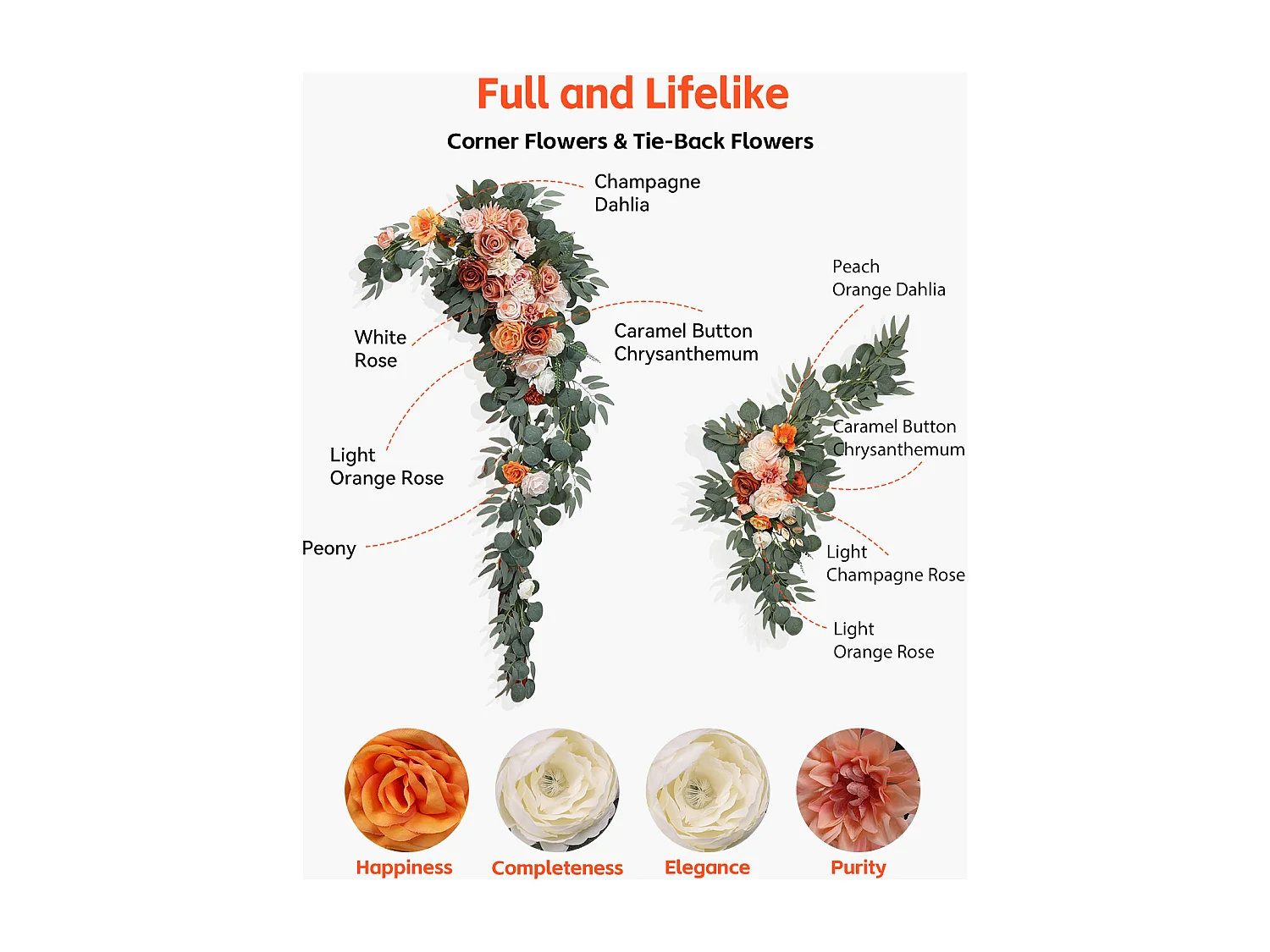 Arche de Mariage SucceBuy Kit de Fleurs Artificielles pour Arche de Mariage - Orange, 2 Fleurs et 3 Rideaux