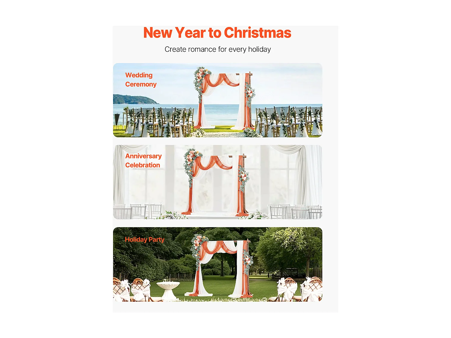 Arche de Mariage SucceBuy Kit de Fleurs Artificielles pour Arche de Mariage - Orange, 2 Fleurs et 3 Rideaux